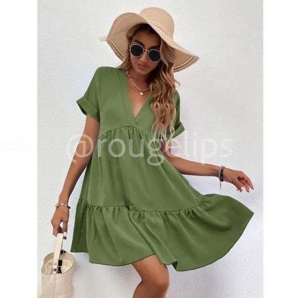 Army Green Short Sleeve Loose Fitting Mini Dress V-Neck Ruffle Flared Hem - Picture 3 of 7
